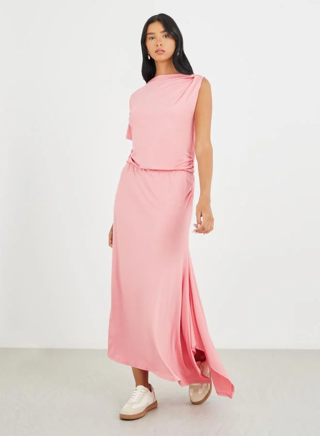 تايك تو Take Two Solid One Short Sleeve Asymmetric Neck Maxi Dress