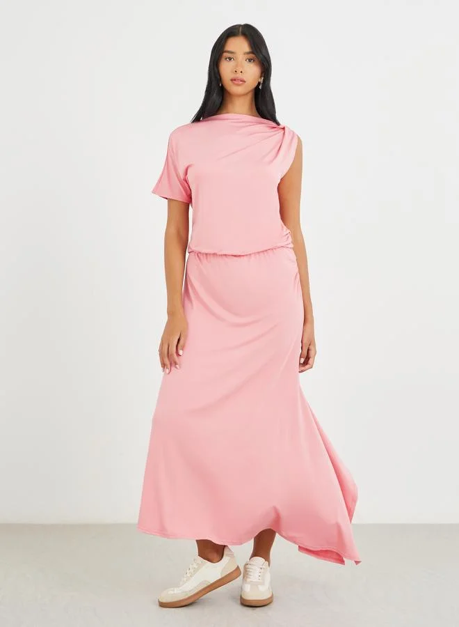 تايك تو Take Two Solid One Short Sleeve Asymmetric Neck Maxi Dress