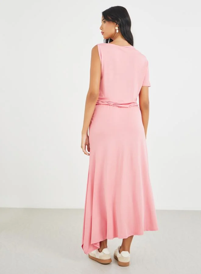 Take Two Take Two Solid One Short Sleeve Asymmetric Neck Maxi Dress