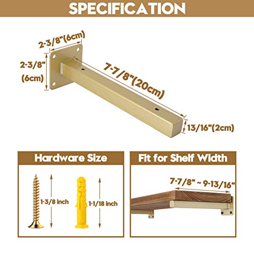 AddGrace 4 Pack Shelf Brackets Wall Mounted Gold Shelf Brackets Heavy Duty Metal Rustic Floating Shelf Bracket with Screws for DIY Open Shelving（Gold） 8" - Image 2
