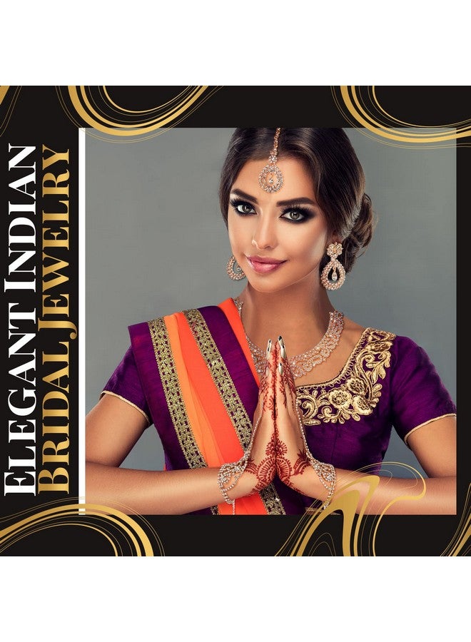 Sureio Indian Jewelry Sets For Women Bollywood Wedding Jewelry Necklace Set Choker Necklace With Maang Tikka Earrings Set Rhinestone Bridal Bracelet For Wedding Prom Party (Gold) - Image 2