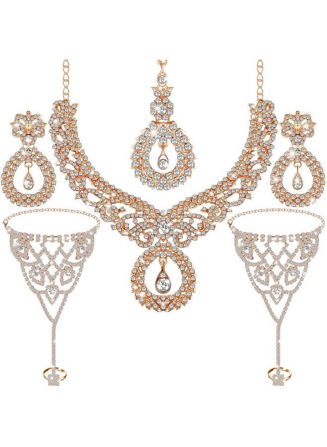Sureio Indian Jewelry Sets For Women Bollywood Wedding Jewelry Necklace Set Choker Necklace With Maang Tikka Earrings Set Rhinestone Bridal Bracelet For Wedding Prom Party (Gold) - Image 1
