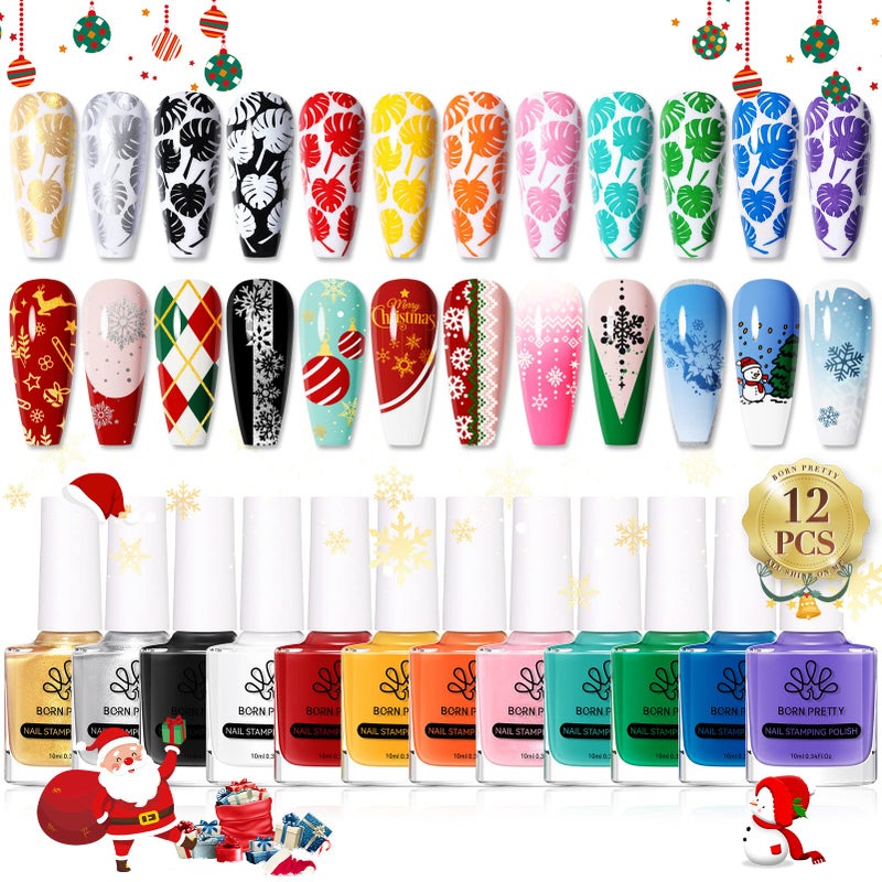 Born Pretty Nail Stamping Polish, Fingernail Stamp Polish Set Manicure Print Nail Polish for Plates 12 Colors Bulk Gift Collection 10ml 0.34fl oz Ideal Gifts - Image 1