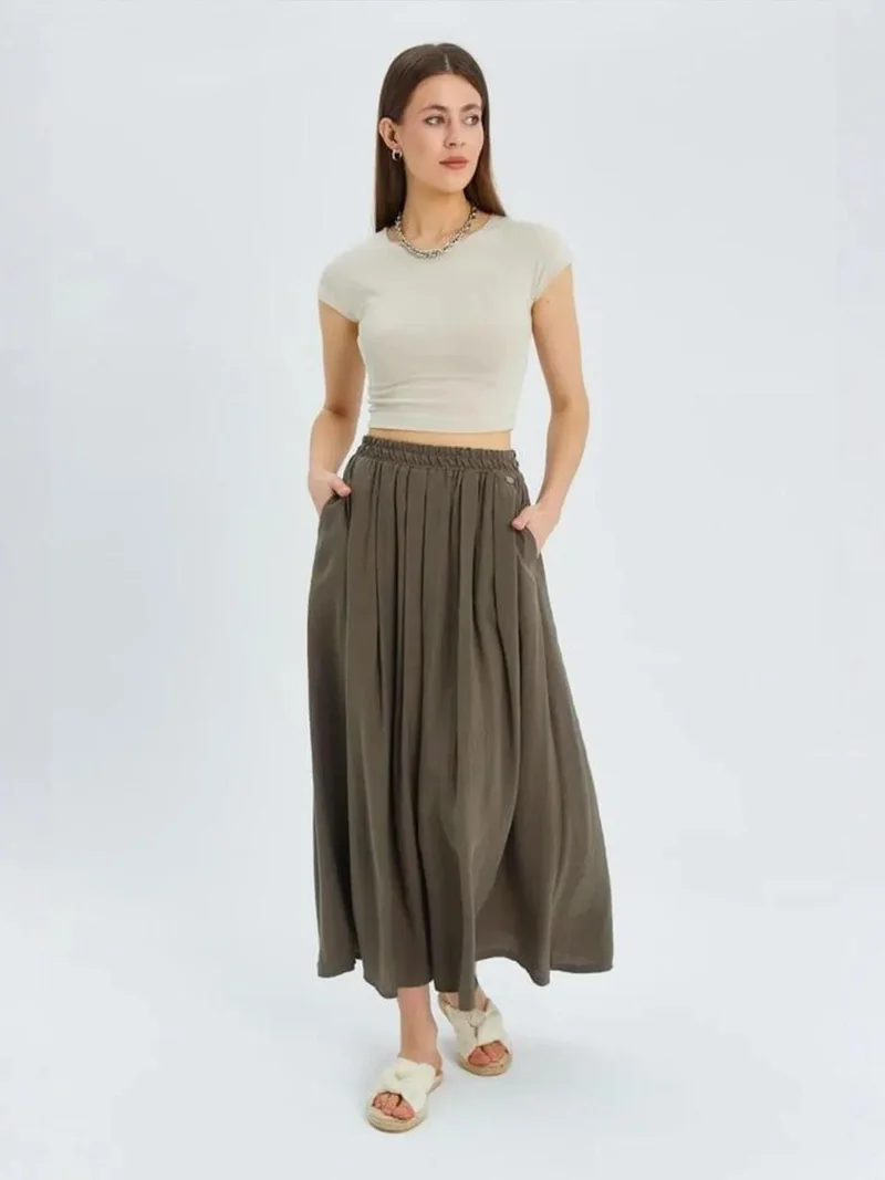 MixRay Khaki Green Mixray High-Waisted Long Skirt with Pockets for Women | Best Price UAE