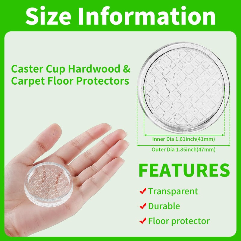 GAGUIUP 1.6"x1.6" Round Rubber Furniture Caster Cups, 12 PCS Chair Coasters for Carpet - Clear Non Slip Furniture Pads with Grip, Carpet Protector for Furniture Legs - Protect Any Flooring - Image 2