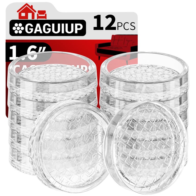 GAGUIUP 1.6"x1.6" Round Rubber Furniture Caster Cups, 12 PCS Chair Coasters for Carpet - Clear Non Slip Furniture Pads with Grip, Carpet Protector for Furniture Legs - Protect Any Flooring - Image 1