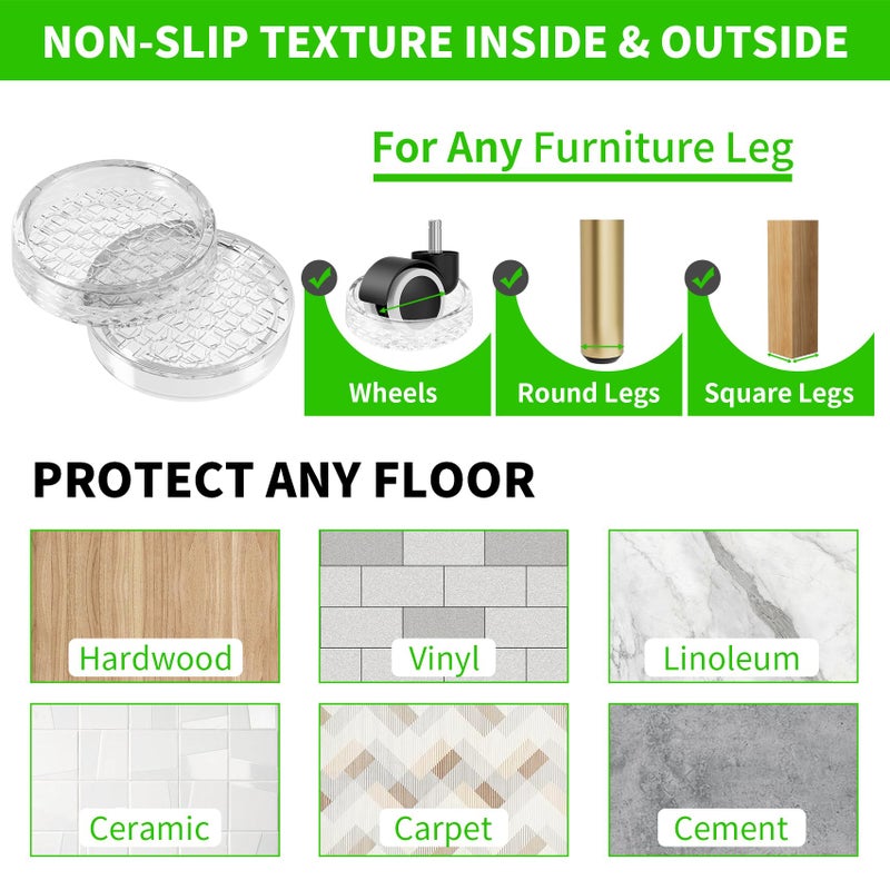 GAGUIUP 1.6"x1.6" Round Rubber Furniture Caster Cups, 12 PCS Chair Coasters for Carpet - Clear Non Slip Furniture Pads with Grip, Carpet Protector for Furniture Legs - Protect Any Flooring - Image 5