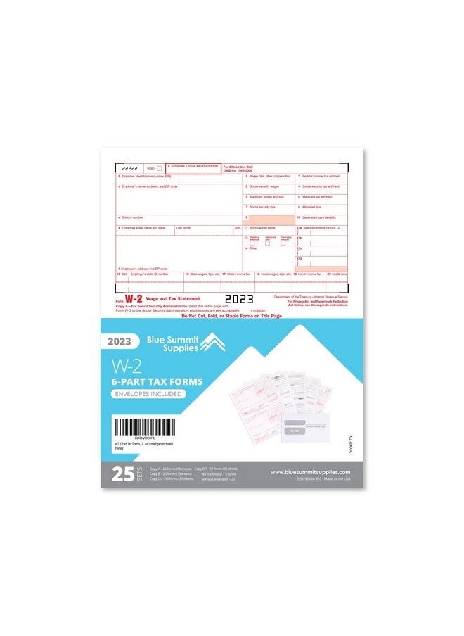 Blue Summit Supplies - W2 Forms 2023 6 Part Tax Forms 25 Employee Kit Of Laser Forms Compatible With Quickbooks And Accounting Software 25 Self Seal Envelopes Included - Image 1