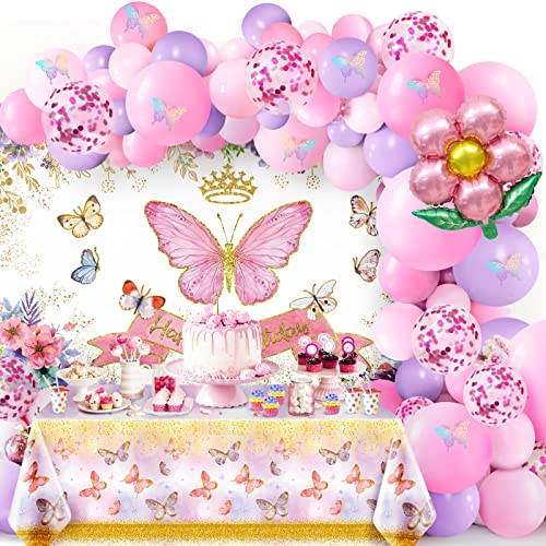 7CDXD Butterfly Theme Party Decorations Butterfly Birthday Decorations with Pink Purple Balloon Arch Kit Butterfly Photography Backdrop Banner and Tablecloth for Girls Women Birthday Party Decor - Image 1
