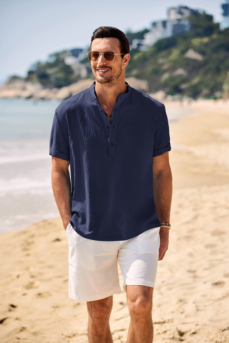 COOFANDY Men Henley Beach Shirt Short Sleeve Hippie Casual Summer Vacation T-Shirt Navy Blue - Image 2