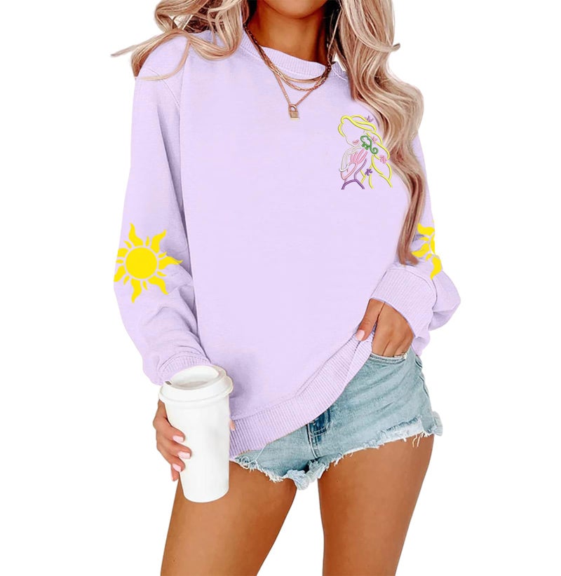 BEIDEFY Magical Sweatshirts for Women Embroidered Princess Long Sleeve Shirt Vacation Crew Neck Pullover Tops Purple - Image 1