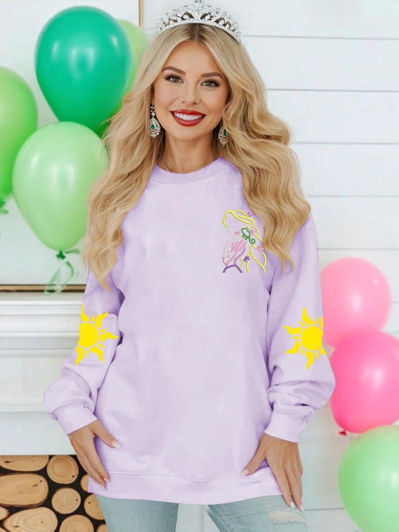BEIDEFY Magical Sweatshirts for Women Embroidered Princess Long Sleeve Shirt Vacation Crew Neck Pullover Tops Purple - Image 3