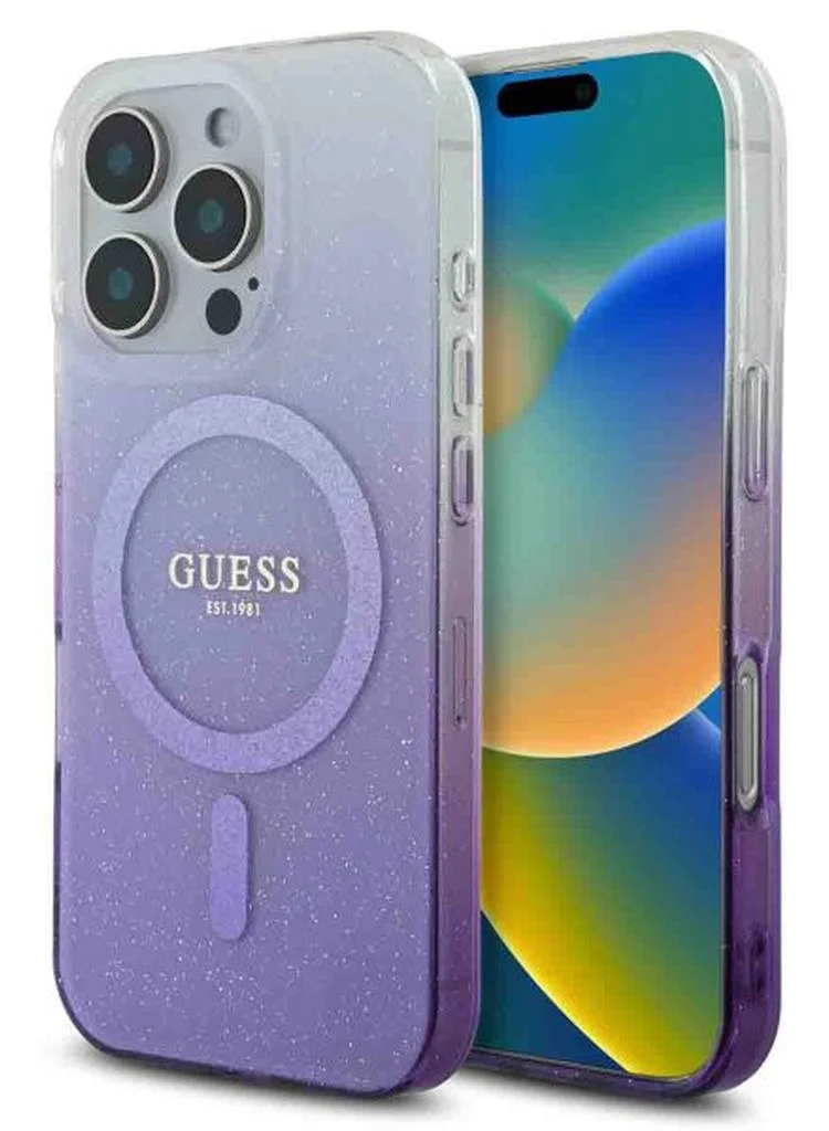 GUESS iPhone 16 Pro MagSafe Case IML Glitter Gradient Hard Cover / Slim Profile/ Easy Snap-On/ Comfortable Grip - Purple