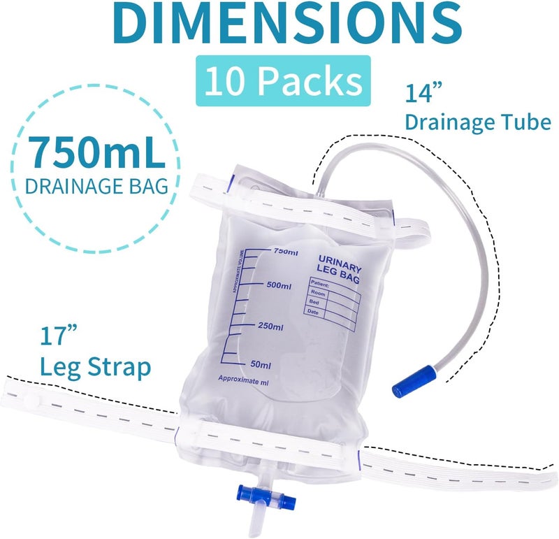 10 Pack Leg Urinary Drainage Bags with Cloth Straps AntiReflux Valve 750ml Urine Leg Bags Easy PushButton Drain 2 Adjustable Elastic Bands Urinary Bag for Home and Hospitals Health Aids - Image 2