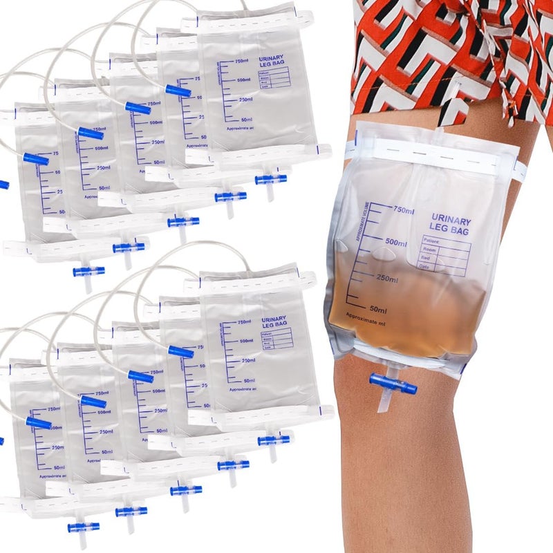 10 Pack Leg Urinary Drainage Bags with Cloth Straps AntiReflux Valve 750ml Urine Leg Bags Easy PushButton Drain 2 Adjustable Elastic Bands Urinary Bag for Home and Hospitals Health Aids - Image 1