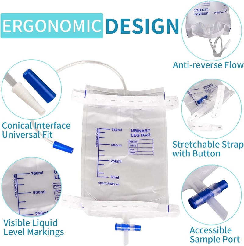 10 Pack Leg Urinary Drainage Bags with Cloth Straps AntiReflux Valve 750ml Urine Leg Bags Easy PushButton Drain 2 Adjustable Elastic Bands Urinary Bag for Home and Hospitals Health Aids - Image 4