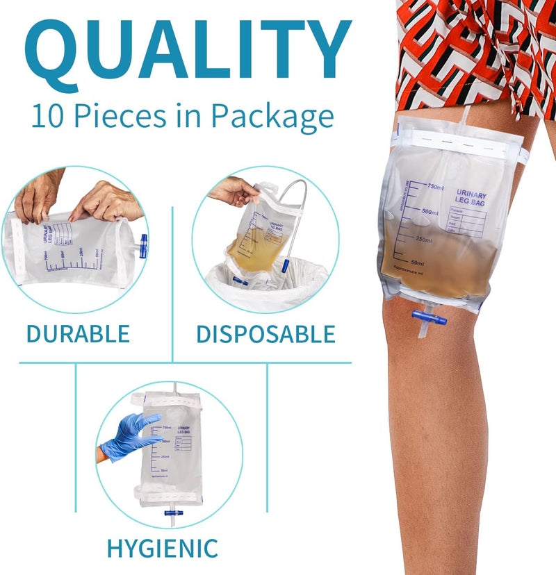 10 Pack Leg Urinary Drainage Bags with Cloth Straps AntiReflux Valve 750ml Urine Leg Bags Easy PushButton Drain 2 Adjustable Elastic Bands Urinary Bag for Home and Hospitals Health Aids - Image 5