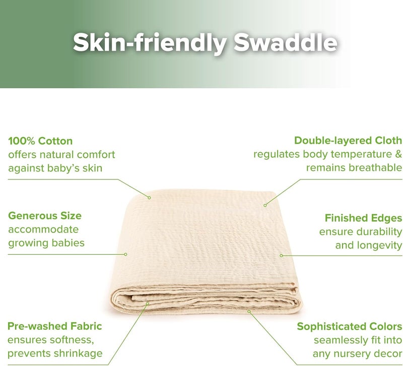 haakaa Cotton Swaddle Blankets for Newborn, Breathable Baby Wrap for Boys and Girls, Large 47 x 47 inches Swaddle Wrap, Wheat - Image 5