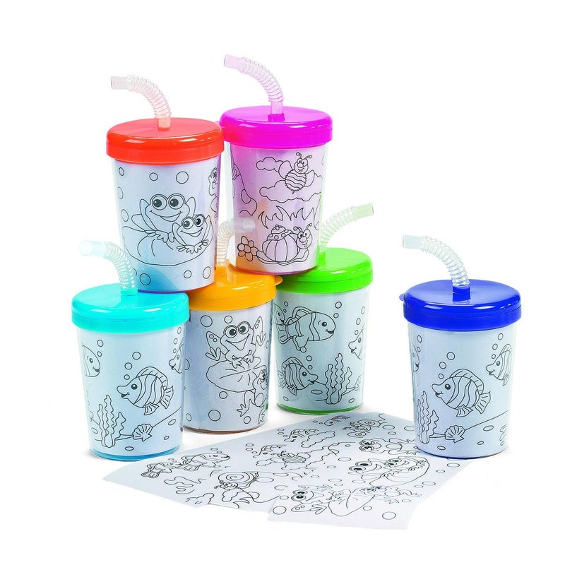 Fun Express Fun Express Plastic Cups with Lids and Straws Set of 12 BPAFree 6 Oz 
