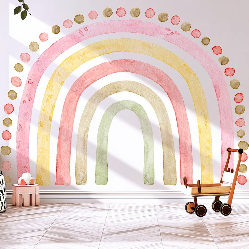 Kingarch Large Pink Rainbow Wall Decals, Boho Dots Peel and Stick Fabric Nursery Wall Decor, Removable Home Room Wall Decor Murals Stickers for Kids Girls Toddler Bedroom Living Room Playroom - Image 1