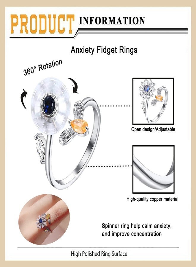 Honsny 6Pcs 14K Gold Plated Anxiety Rings for Women, Adjustable Spinner Anxiety Ring, CZ Butterfly Bee Moon Star Fidget Rings for Anxiety Stress Relief for Women - Image 5