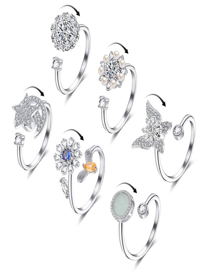 Honsny 6Pcs 14K Gold Plated Anxiety Rings for Women, Adjustable Spinner Anxiety Ring, CZ Butterfly Bee Moon Star Fidget Rings for Anxiety Stress Relief for Women - Image 1