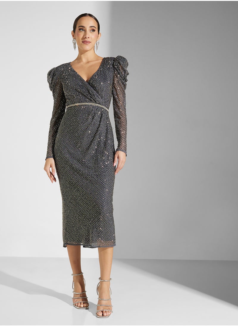 Amelia Rose V-Neck Embellished Belted Dress  - Image 4