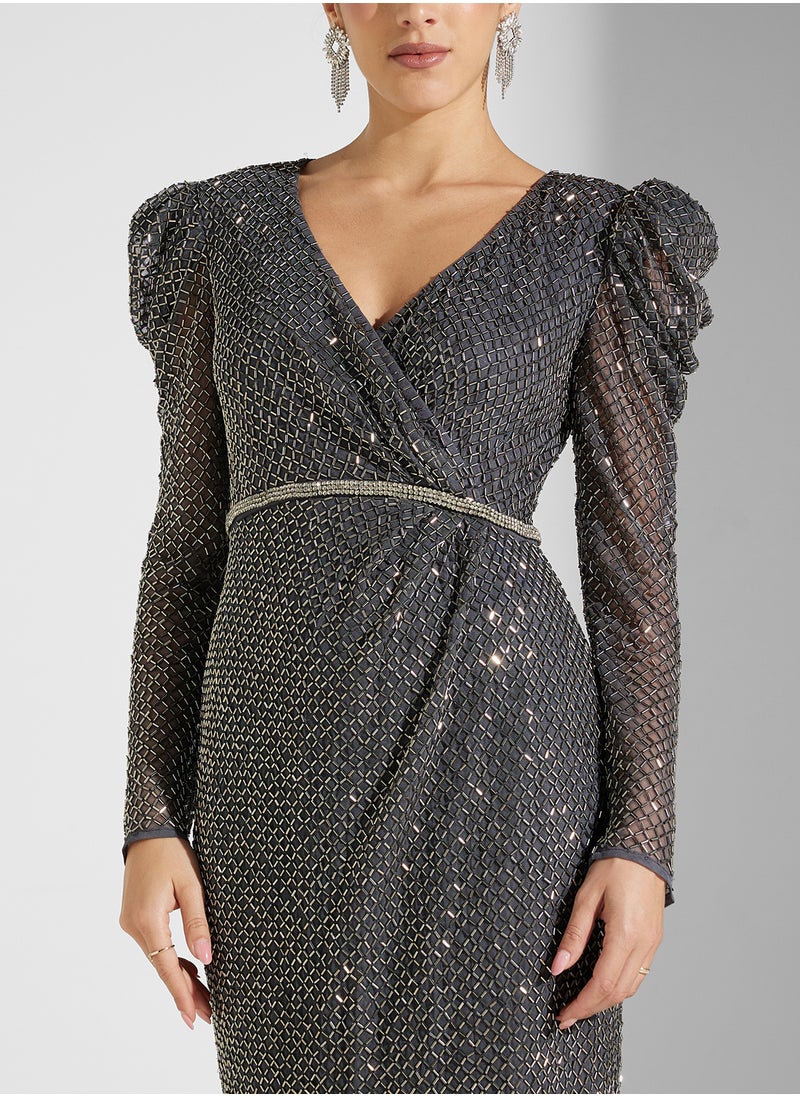 Amelia Rose V-Neck Embellished Belted Dress  - Image 3