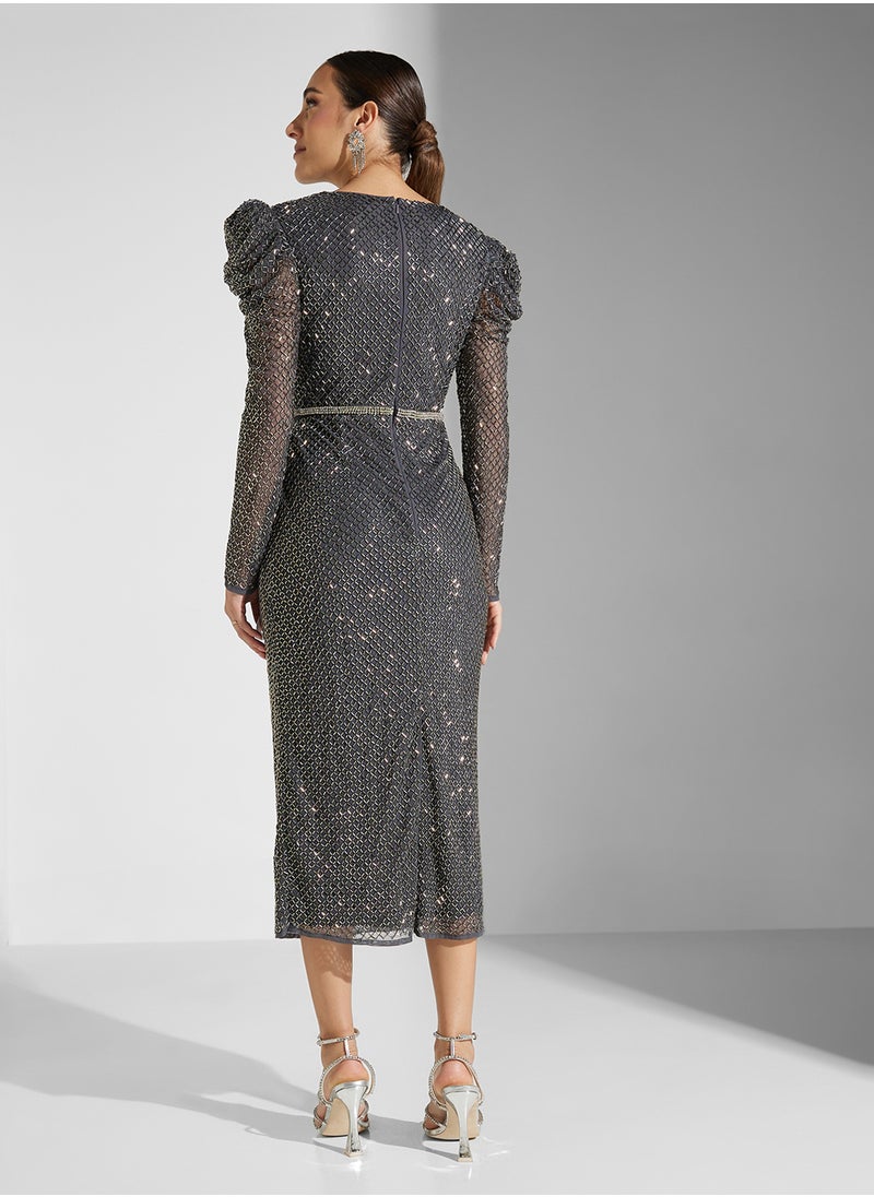 Amelia Rose V-Neck Embellished Belted Dress  - Image 2