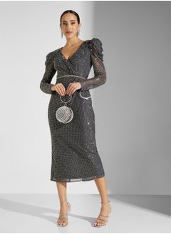 V-Neck Embellished Belted Dress