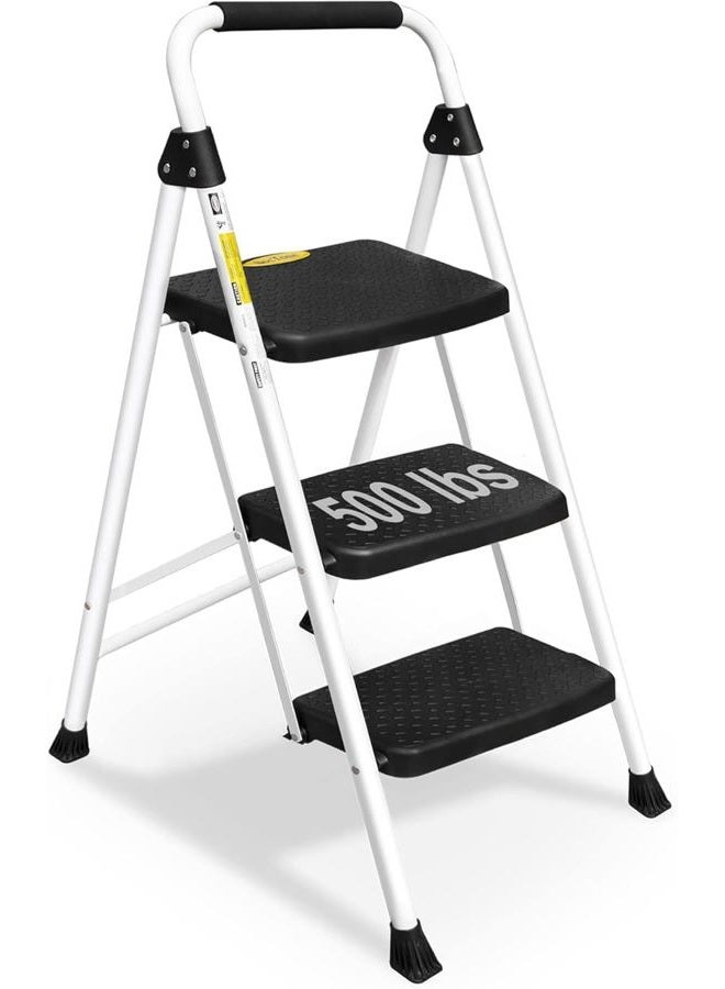 SocTone 3 Step Ladder, Folding Step Stool for Adults with Handle, Lightweight, Perfect for Kitchen& Household, 500lbs Capacity Sturdy Steel Ladder White - Image 1