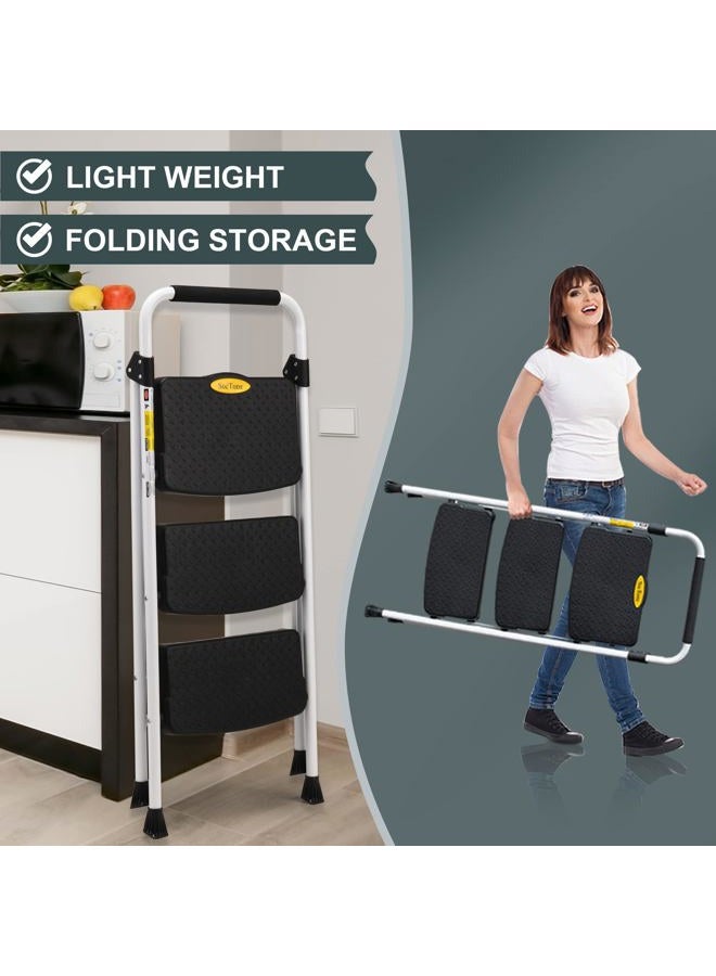SocTone 3 Step Ladder, Folding Step Stool for Adults with Handle, Lightweight, Perfect for Kitchen& Household, 500lbs Capacity Sturdy Steel Ladder White - Image 5