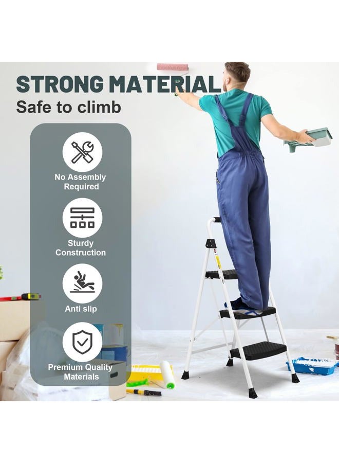 SocTone 3 Step Ladder, Folding Step Stool for Adults with Handle, Lightweight, Perfect for Kitchen& Household, 500lbs Capacity Sturdy Steel Ladder White - Image 2