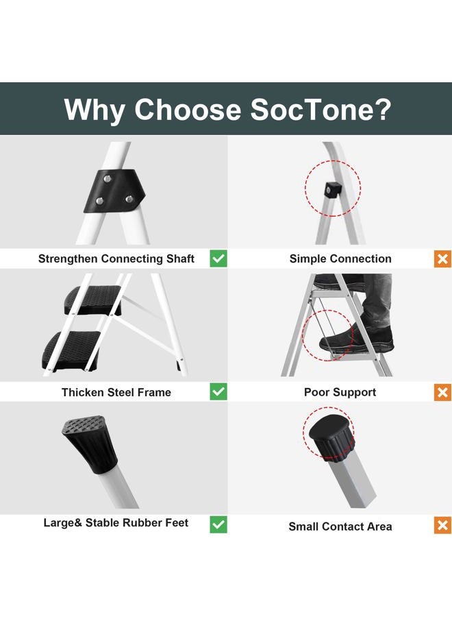 SocTone 3 Step Ladder, Folding Step Stool for Adults with Handle, Lightweight, Perfect for Kitchen& Household, 500lbs Capacity Sturdy Steel Ladder White - Image 4