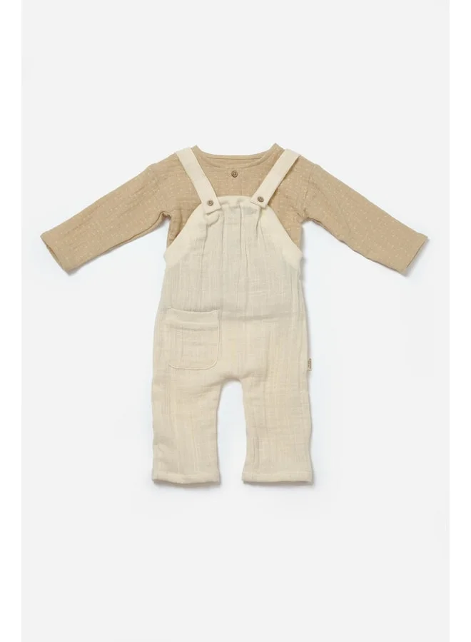 Magu Unisex Baby Cotton Beige Muslin Romper Set with Long-Sleeved Inner Bodysuit.