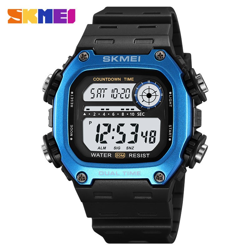 Trendy Square Unisex Digital Watch with Alarm and Backlight Blue Shell Black Belt
