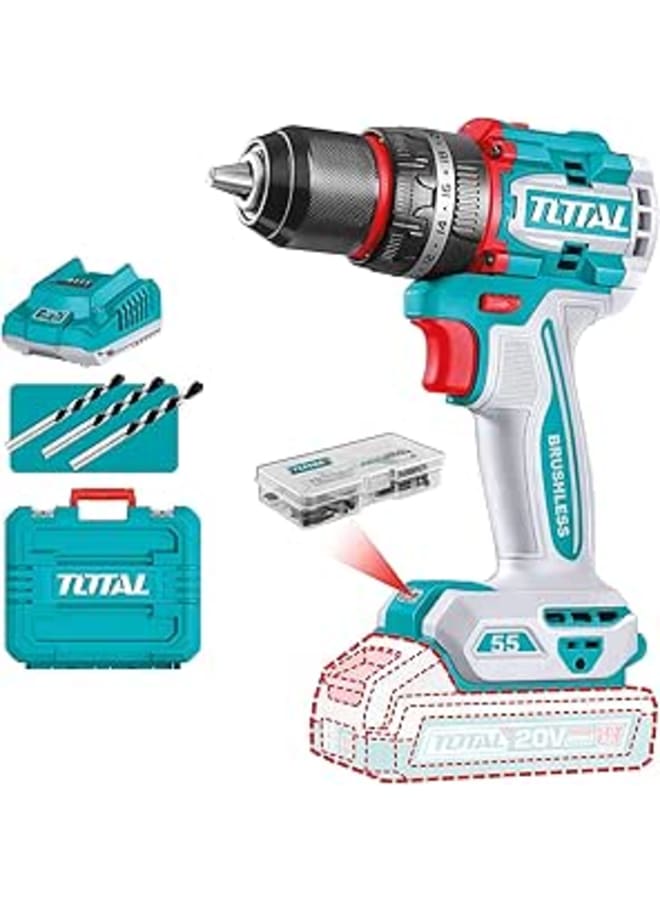TOTAL Compact Brushless Cordless Impact Drill 20V 55Nm With 2 batteries and charger TIDLI20558