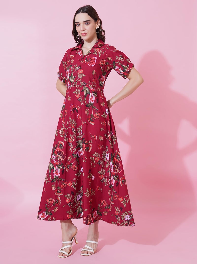 Indietoga Women's Plus Size Maroon Floral Printed Long Maxi Dress (7XL) - Image 5