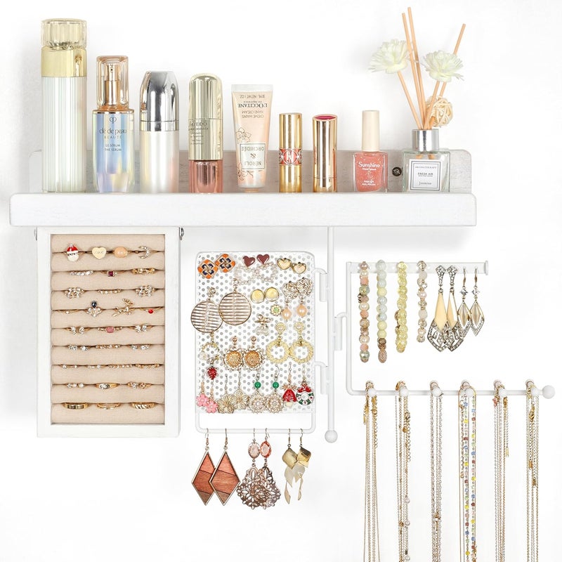 SOLIMINTR Hanging Jewelry Organizer Wall Mount with Rustic Wood Shelf, Ring Display Box, Ear Studs Earring Holder, Rotating Necklace Holder Organizer White - Image 1