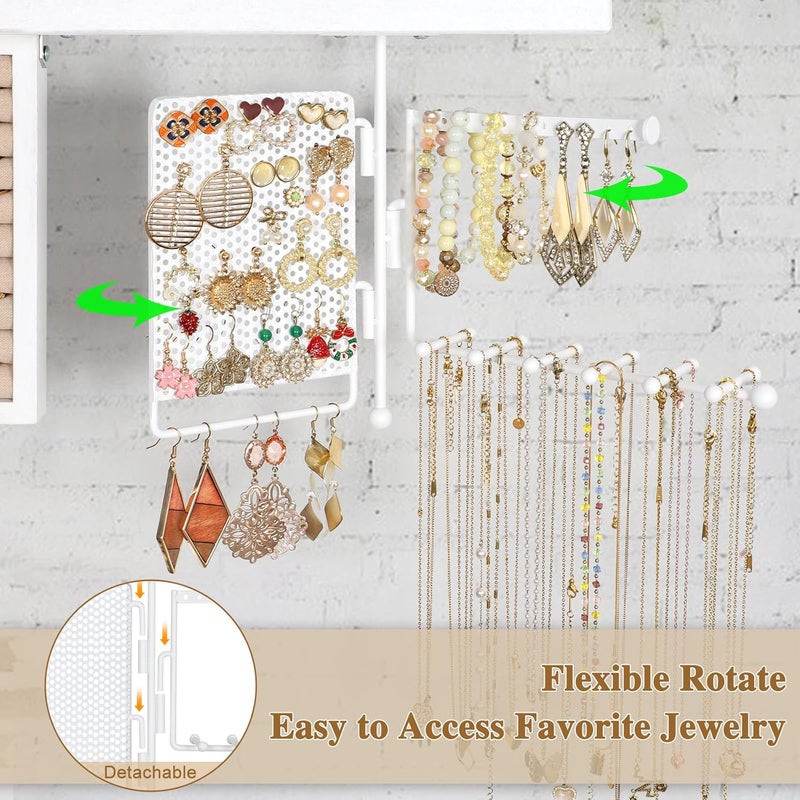 SOLIMINTR Hanging Jewelry Organizer Wall Mount with Rustic Wood Shelf, Ring Display Box, Ear Studs Earring Holder, Rotating Necklace Holder Organizer White - Image 3