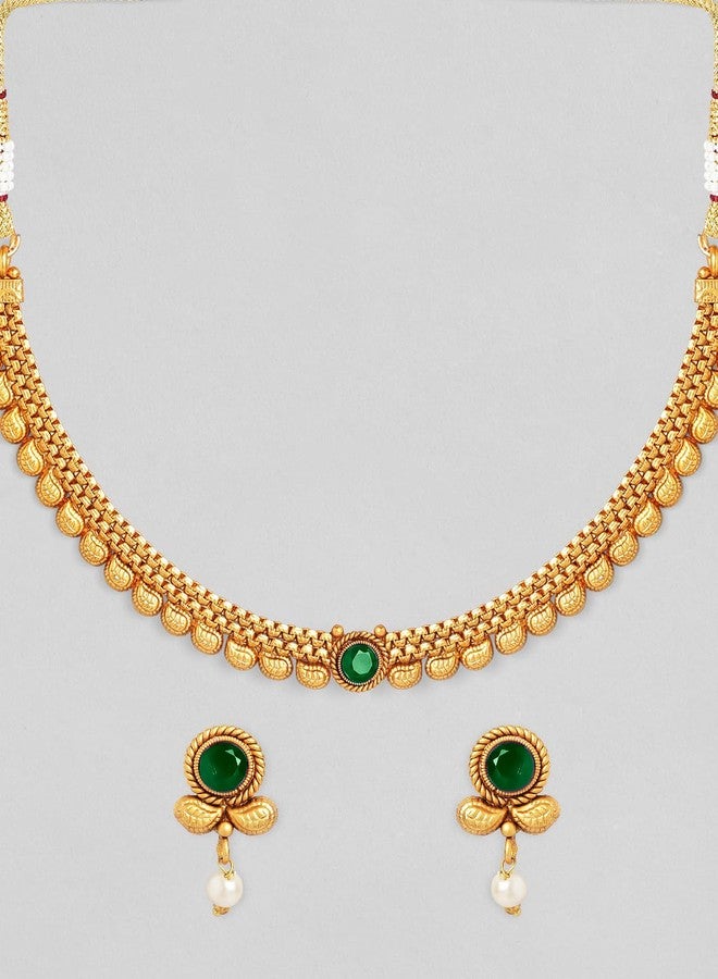 Rubans Womens 22K Gold-Plated Dark Emerald Green Stone & Pearl Beaded Traditional Necklace Set - Image 5