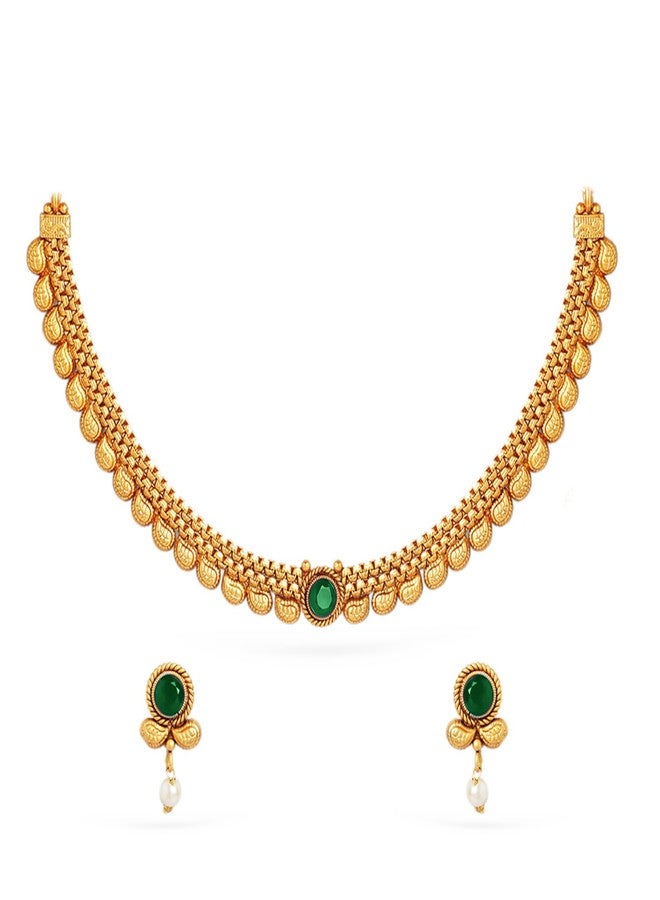 Rubans Womens 22K Gold-Plated Dark Emerald Green Stone & Pearl Beaded Traditional Necklace Set - Image 1