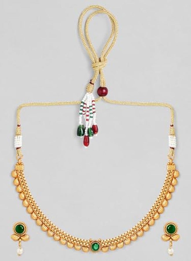 Rubans Womens 22K Gold-Plated Dark Emerald Green Stone & Pearl Beaded Traditional Necklace Set - Image 4
