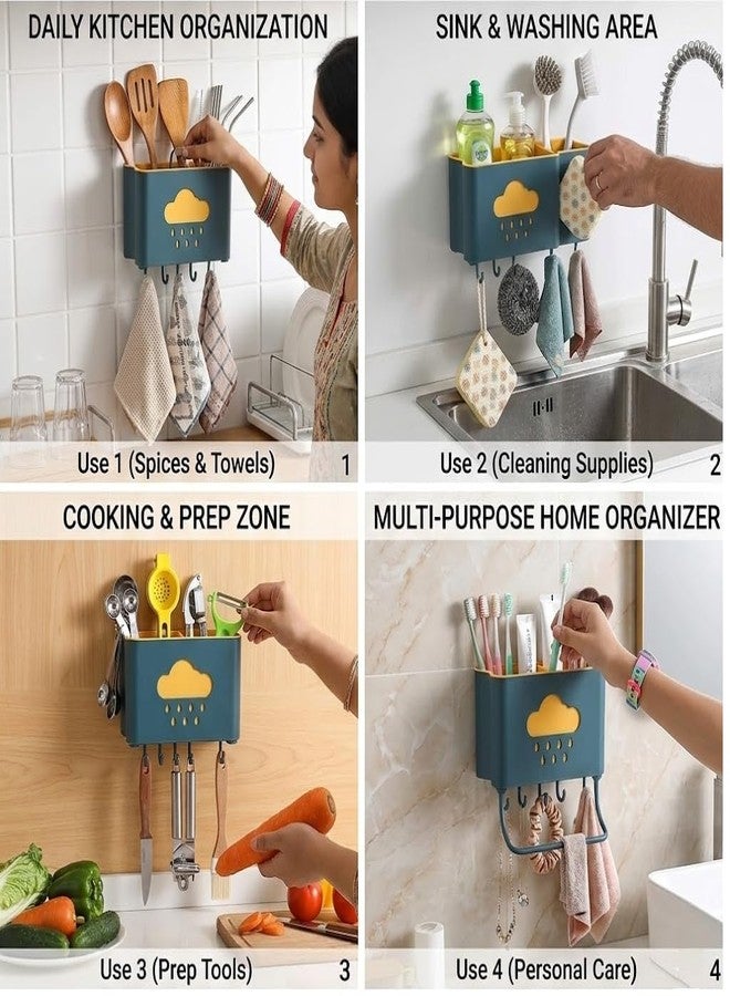 HEBEZON Wall Mounted Cloud Series Cutlery Holder with Hooks & Towel Bar | Self Adhesive Kitchen Organizer for Cafes, Restaurants, Service Counters & Small Food Businesses Space Saving Tool - Image 2