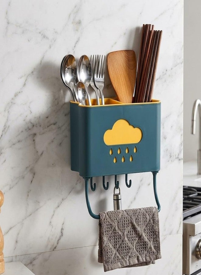HEBEZON Wall Mounted Cloud Series Cutlery Holder with Hooks & Towel Bar | Self Adhesive Kitchen Organizer for Cafes, Restaurants, Service Counters & Small Food Businesses Space Saving Tool - Image 1