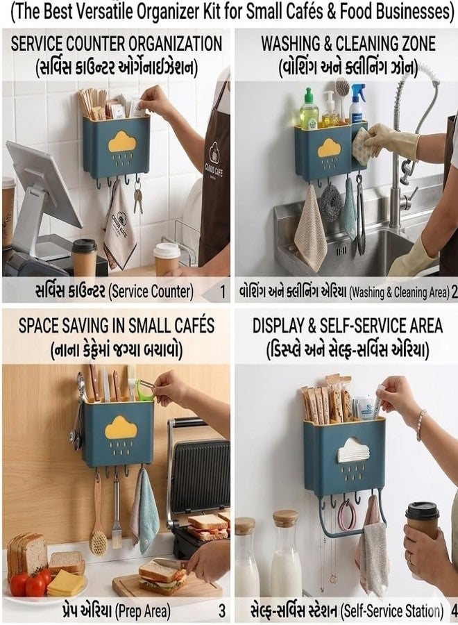 HEBEZON Wall Mounted Cloud Series Cutlery Holder with Hooks & Towel Bar | Self Adhesive Kitchen Organizer for Cafes, Restaurants, Service Counters & Small Food Businesses Space Saving Tool - Image 3