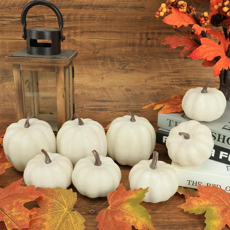 Ghrdopy Fake Pumpkins, 8 Pcs White Artificial Pumpkins, Plastic Pumpkins for Thanksgiving Party Table Centerpiece Autumn Home Decoration-B - Image 2