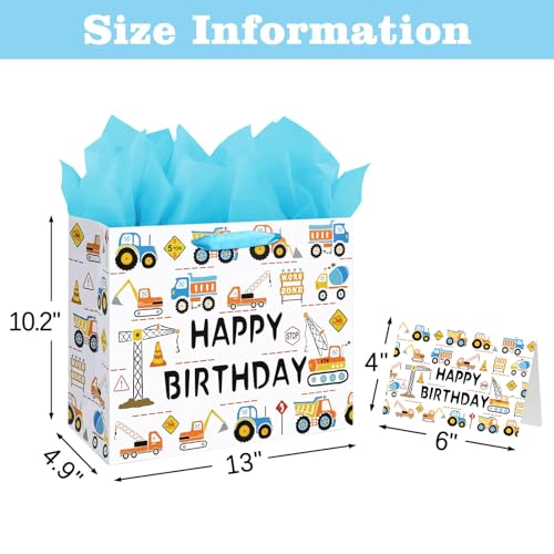 Laidans 13" Large Happy Birthday Gift Bag for Baby Boy Kids with Tissue Paper and Card (Construction Vehicle) - Image 2