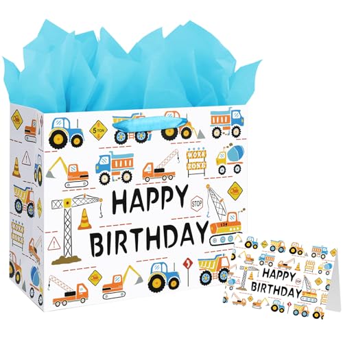 Laidans 13" Large Happy Birthday Gift Bag for Baby Boy Kids with Tissue Paper and Card (Construction Vehicle) - Image 1