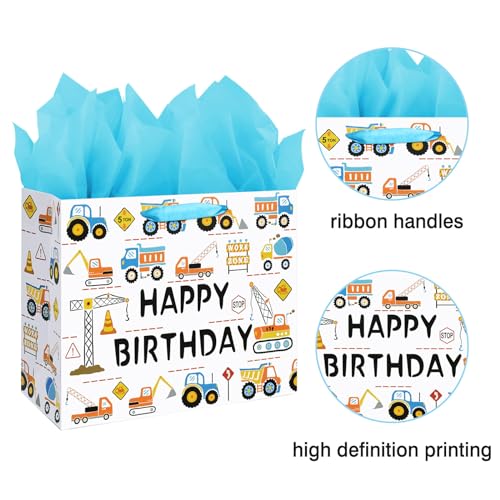 Laidans 13" Large Happy Birthday Gift Bag for Baby Boy Kids with Tissue Paper and Card (Construction Vehicle) - Image 4